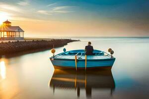 un hombre sentado en un barco en el agua a puesta de sol. generado por ai foto