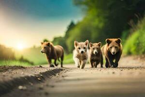 Tres marrón osos caminando abajo un suciedad la carretera. generado por ai foto