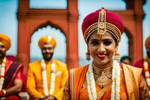 un novia en tradicional indio atuendo. generado por ai foto