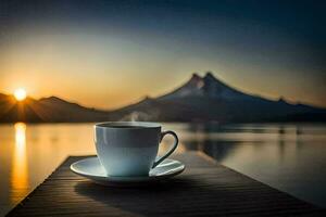 a cup of coffee on a wooden table in front of a lake with mountains in the background. AI-Generated photo