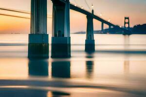 el dorado portón puente a puesta de sol. generado por ai foto