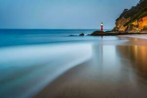 a long exposure photograph of a lighthouse on the beach. AI-Generated photo