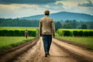 un hombre en un traje camina abajo un suciedad la carretera. generado por ai foto