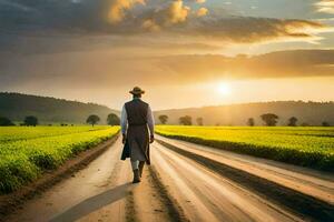 a man in a hat walks down a dirt road in a field. AI-Generated photo