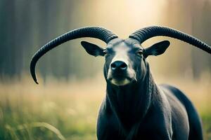 a black goat with long horns standing in a field. AI-Generated photo
