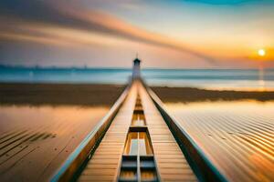 un largo exposición foto de un faro en el playa. generado por ai