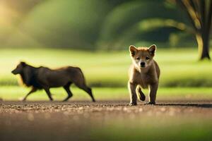 two dogs walking on a road in the middle of a field. AI-Generated photo