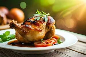 a chicken on a plate with tomatoes and herbs. AI-Generated photo