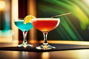 two colorful cocktails sit on a table. AI-Generated photo