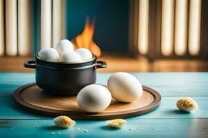 eggs in a pot on a table with a fire. AI-Generated photo