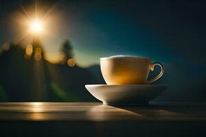 coffee cup on table with sun shining in background. AI-Generated photo