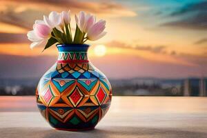 a colorful vase with flowers on a table in front of a sunset. AI-Generated photo