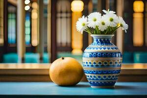 a blue vase with white daisies and an orange on a table. AI-Generated photo