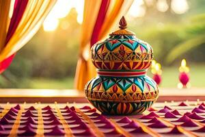 a colorful vase on a table with candles. AI-Generated photo