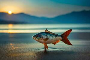 un pescado es en pie en el playa a puesta de sol. generado por ai foto