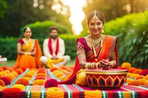 a woman in an indian sari sitting on a blanket with a bowl. AI-Generated photo