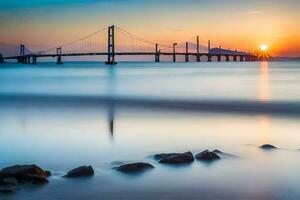 un largo exposición fotografía de un puente terminado el océano. generado por ai foto