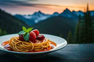 un plato de espaguetis con fresas y albahaca hojas. generado por ai foto