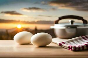 eggs on the table with a pan and a towel. AI-Generated photo