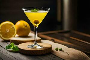 cocktail with lemon and mint on a wooden table. AI-Generated photo