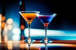 two colorful cocktails sit on a table. AI-Generated photo