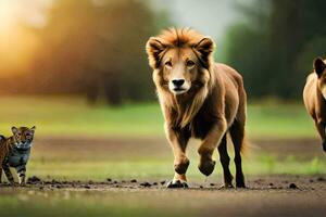 Tres leones y un Tigre caminando en un suciedad la carretera. generado por ai foto