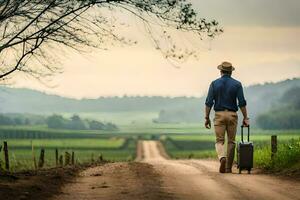 a man walking down a dirt road with a suitcase. AI-Generated photo