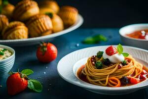 spaghetti with tomato sauce and fresh strawberries. AI-Generated photo