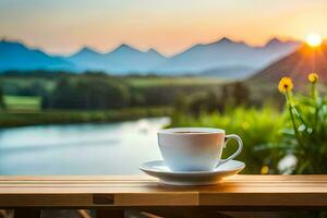 café taza en el mesa con montañas en el antecedentes. generado por ai foto