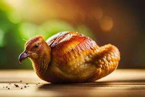 un pollo es sentado en un de madera mesa. generado por ai foto