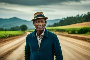 an older man standing on a dirt road. AI-Generated photo