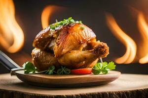 un pollo en un de madera tablero con un cuchillo y guarnación. generado por ai foto