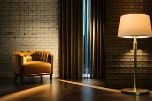 a lamp and chair in a room with brick walls. AI-Generated photo