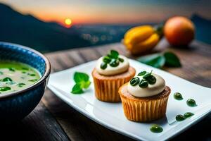 two cupcakes with cream and green on a plate. AI-Generated photo