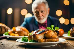an older man is sitting at a table with two plates of food. AI-Generated photo