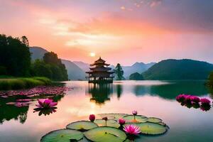 the lotus pond in the lake at sunrise. AI-Generated photo