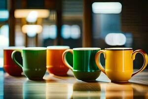 colorful coffee cups lined up on a table. AI-Generated photo