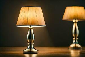dos lamparas en un mesa en frente de un oscuro antecedentes. generado por ai foto