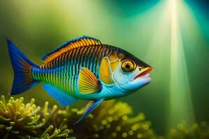a fish with bright colors is swimming in the ocean. AI-Generated photo