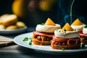 three small sandwiches with cheese and meat on a plate. AI-Generated photo