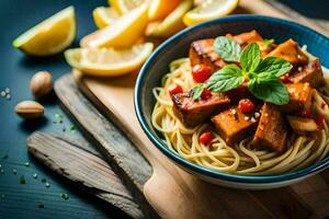 spaghetti with tofu and basil leaves in a bowl. AI-Generated photo