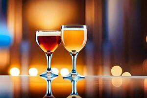 two glasses of beer on a table in front of a blurred background. AI-Generated photo