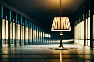 a lamp is sitting on a floor in a dark hallway. AI-Generated photo