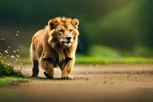 un león caminando en un suciedad la carretera en el medio de un campo. generado por ai foto