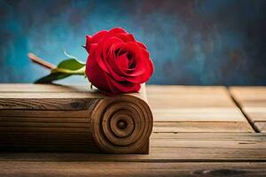 a single red rose on a wooden table. AI-Generated photo