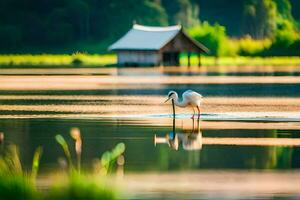 a white bird stands in the water near a hut. AI-Generated photo