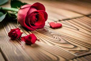 un soltero rojo Rosa en un de madera mesa. generado por ai foto