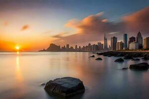 the sun sets over the city skyline in dubai. AI-Generated photo