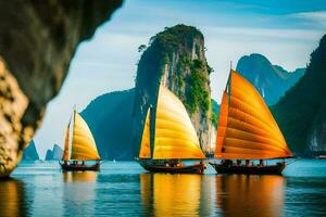 Tres barcos con amarillo paño en el agua. generado por ai foto