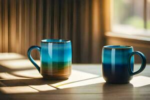 two mugs sitting on a wooden table. AI-Generated photo